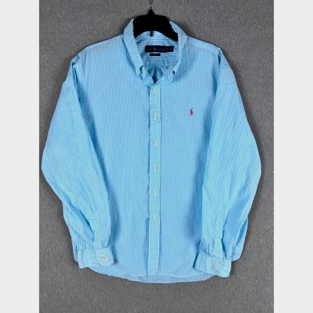 Polo Ralph Lauren Mens XXL Slim Fit Blue White Striped Shirt Pink Pony Logo